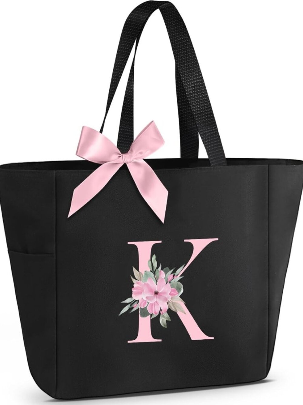 Personalized Waterproof Tote Bag, A-Z Initial Monogram, Bridesmaid Gift, Black